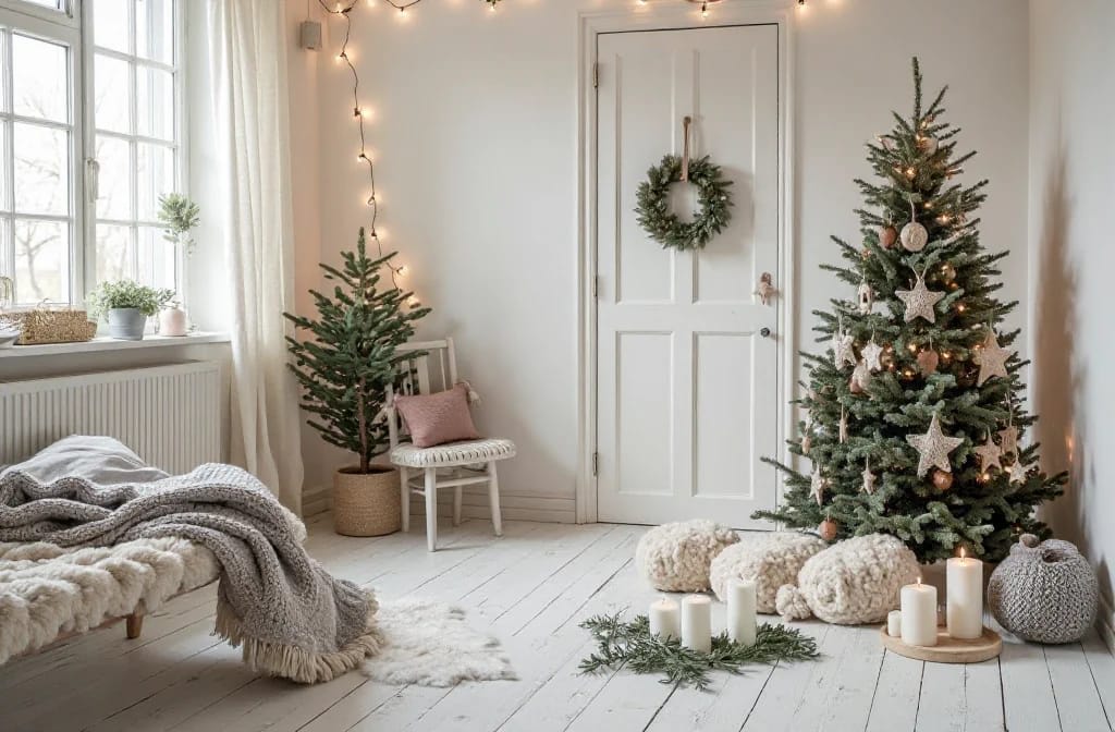 A bright Scandinavian living room decorated for Christmas with a fir tree adorned with pale wood and straw ornaments, string lights, a green wreath on a white door, cozy textured pillows, candles, and light wooden floors, illustrating Nordic Christmas decor style.