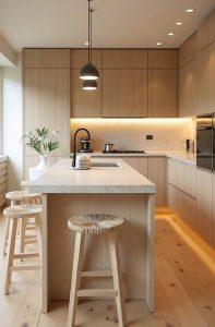 A warm minimalist kitchen featuring light wood cabinetry, a large island with seating on one long side, pendant lighting, natural wooden stools, and a dedicated coffee corner, illustrating cozy and functional kitchen design.