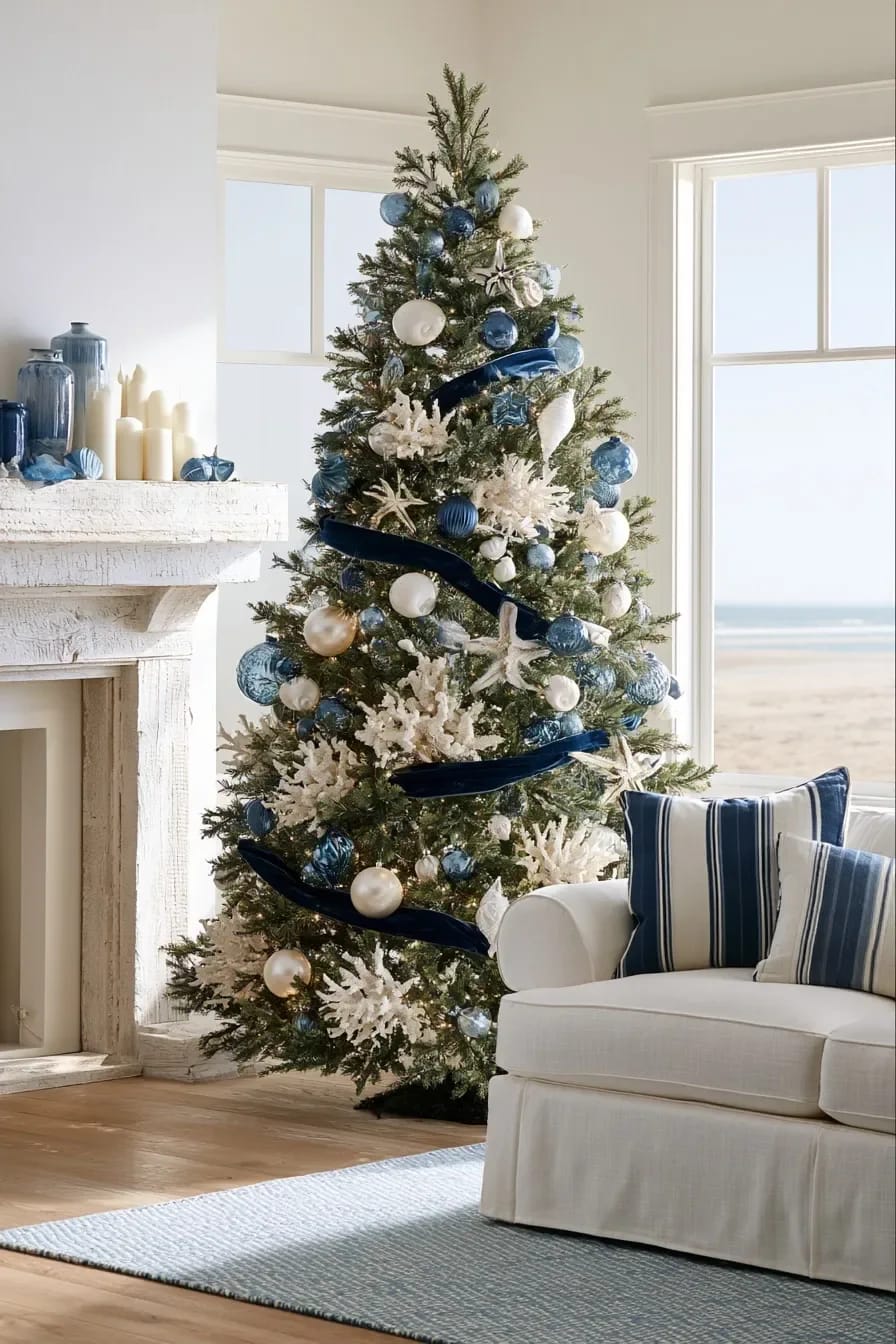13 Coastal Blue Christmas Decorations That Skip the Anchors and Life Rings 4 set the palette before you buy a single ornament 1