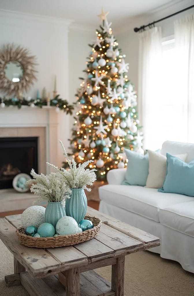 13 Coastal Blue Christmas Decorations That Skip the Anchors and Life Rings 5 A living room decorated with coastal blue Christmas decorations featuring a Christmas tree with blue and white ornaments and starfish, a rustic wooden coffee table with blue vases and ornaments, a white sofa with blue pillows, and a mantel with greenery, reflecting a serene coastal holiday theme.