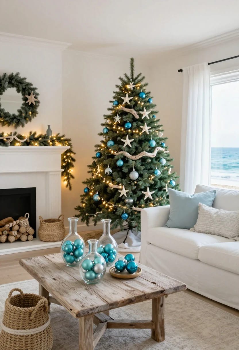 13 Coastal Blue Christmas Decorations That Skip the Anchors and Life Rings 6 A living room decorated with coastal blue Christmas decorations, featuring a Christmas tree adorned with blue ornaments, starfish, and driftwood garland, a wreath above a fireplace, and glass vases filled with blue baubles on a wooden coffee table, with an ocean view visible through the window.