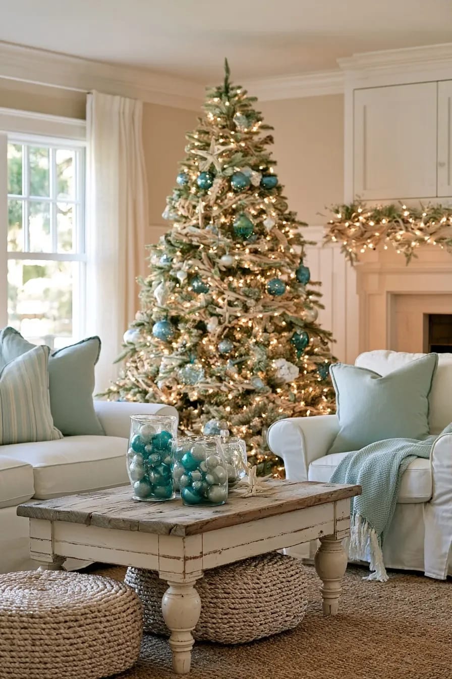 13 Coastal Blue Christmas Decorations That Skip the Anchors and Life Rings 7 A living room decorated with coastal blue Christmas decorations, featuring a Christmas tree adorned with blue and white ornaments and driftwood garland, flanked by white sofas with light blue pillows, a rustic coffee table with glass jars of blue and silver ornaments, and a garland with lights on the mantel.