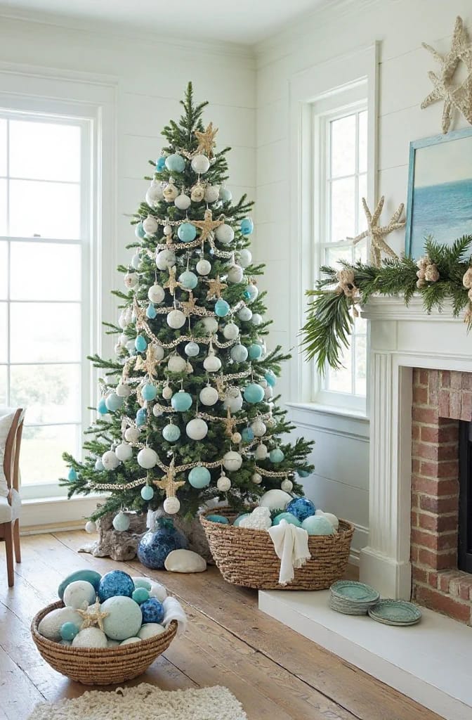 13 Coastal Blue Christmas Decorations That Skip the Anchors and Life Rings 8 set the palette before you buy a single ornament 1