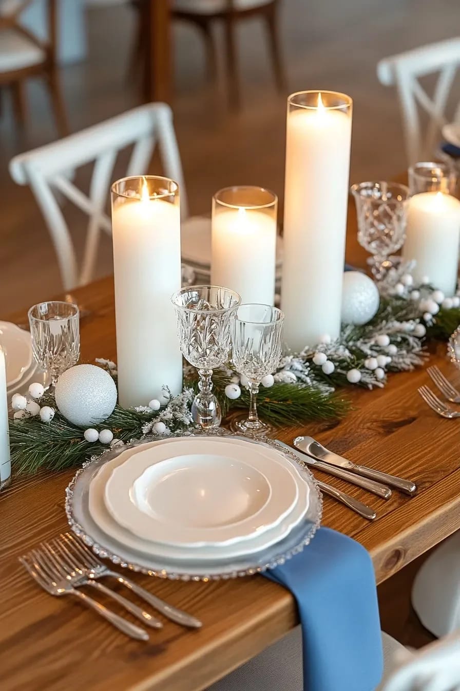 Icy Blue and White Winter Wonderland Christmas Decor Ideas That Skip the Glitter 15 set the table with frosted candles, blue glass and no runner 1
