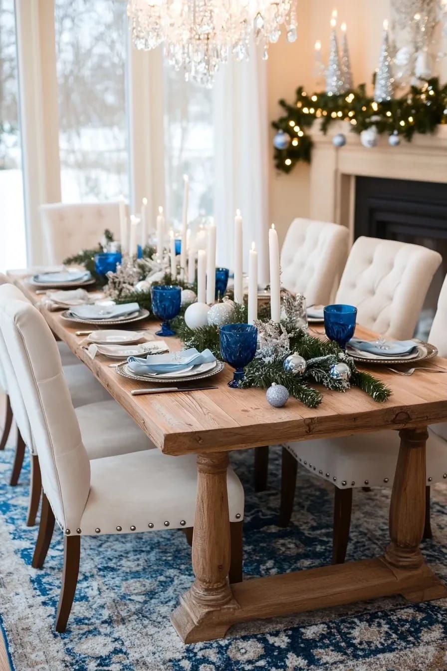 Icy Blue and White Winter Wonderland Christmas Decor Ideas That Skip the Glitter 16 set the table with frosted candles, blue glass and no runner 1
