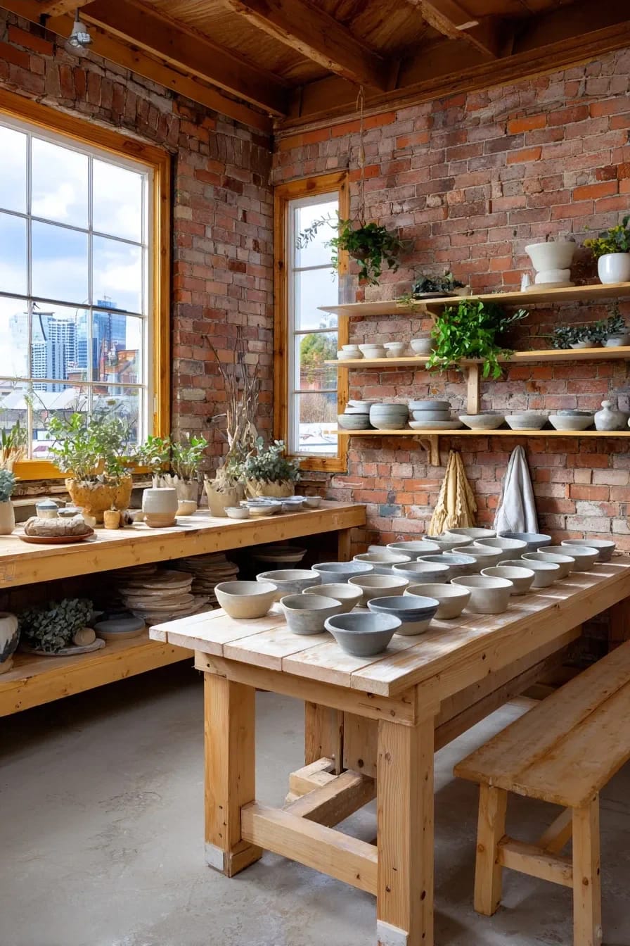 Pottery Studio Ideas That Hold Up Once There's Clay in the Room 11 A pottery studio with exposed brick walls, wooden tables, and shelves sized to fit ware boards. The image shows finished pottery bowls on the table, plants on the shelves, and natural light coming in through large windows, illustrating practical pottery studio ideas.