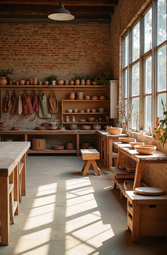 Pottery Studio Ideas That Hold Up Once There's Clay in the Room 12 A sunlit pottery studio with wooden shelves sized to fit ware boards, displaying various clay pots and bowls, worktables, and brick walls, illustrating practical pottery studio ideas.
