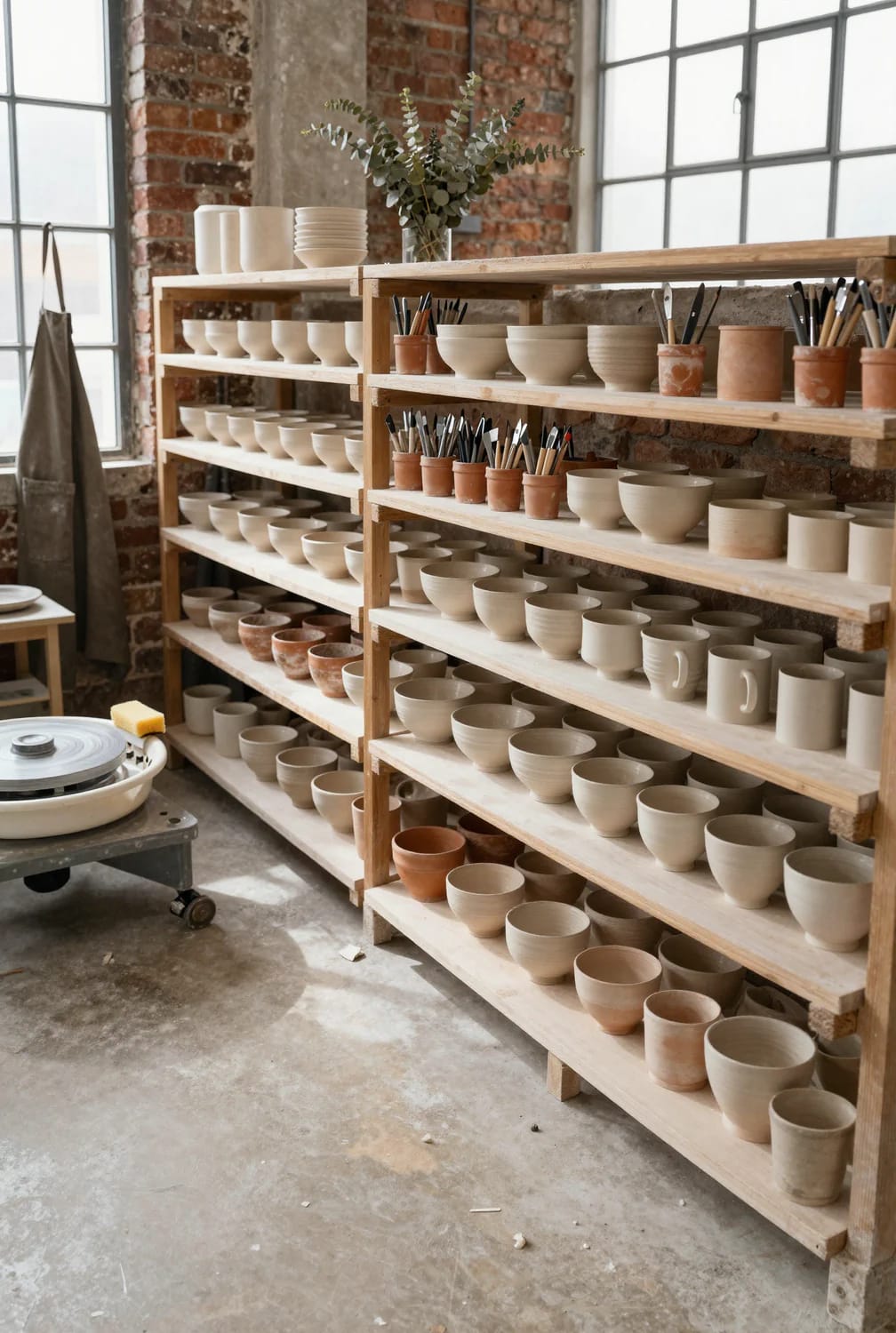 Pottery Studio Ideas That Hold Up Once There's Clay in the Room 10 Wooden shelves in a pottery studio tailored to fit ware boards, holding unfinished clay bowls, cups, and pottery tools, with natural light streaming through large windows and a pottery wheel nearby.
