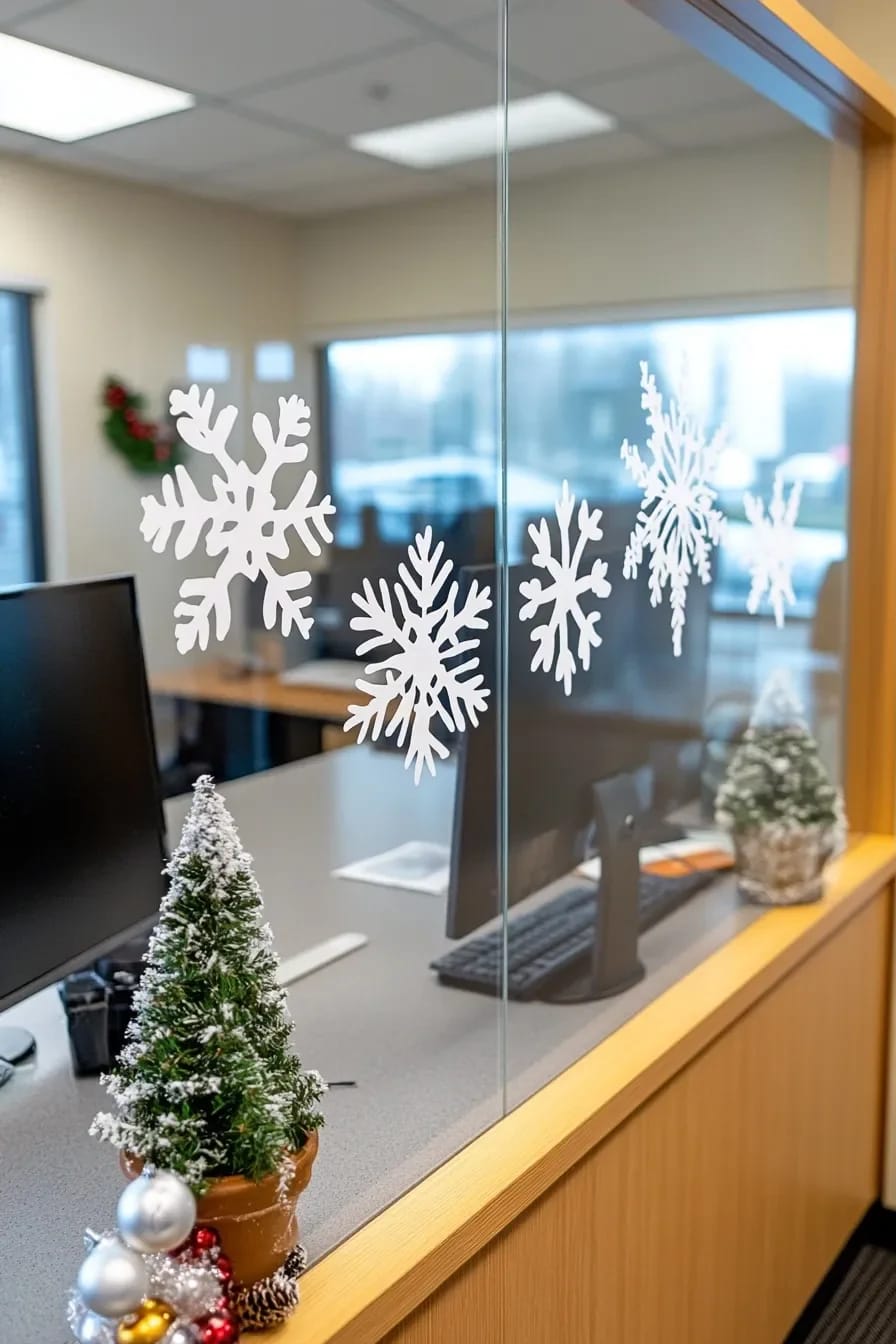 snowflakes on the glass partition, drawn in wet-erase marker 1