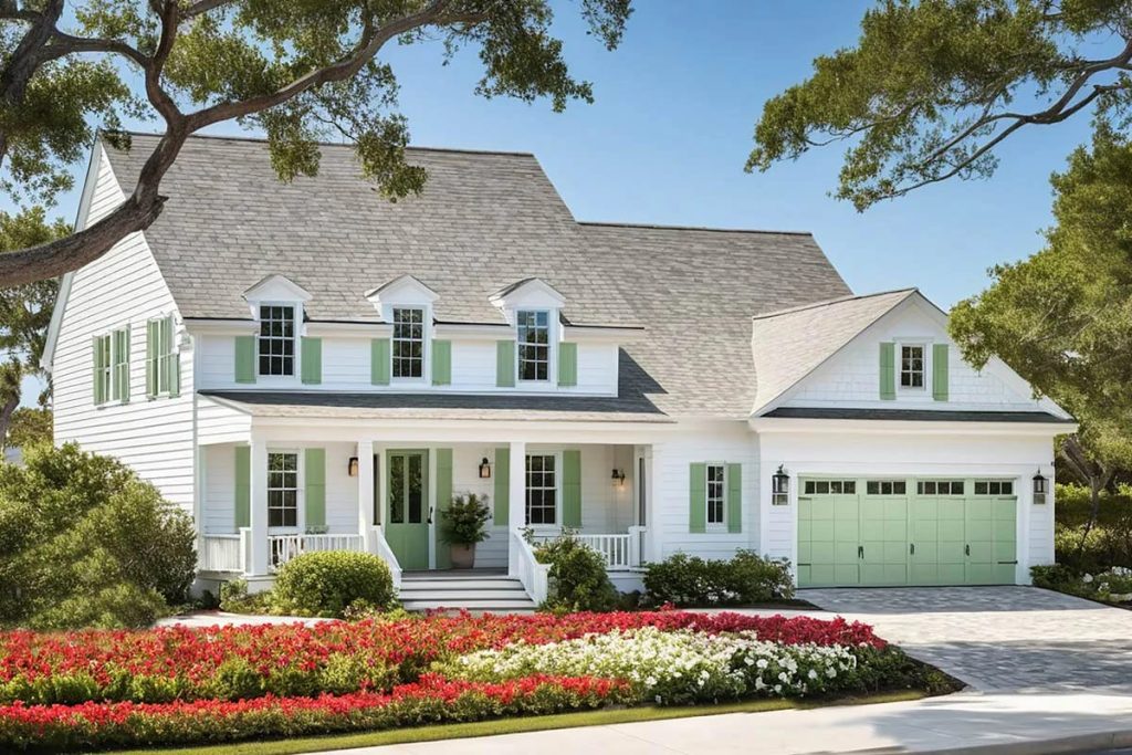 Lovely Harbor 46 White farmhouse-style home with green shutters, dormers, front porch, and attached garage
