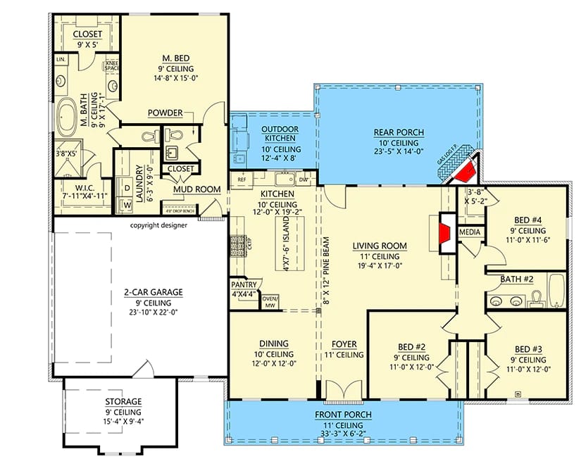 4-Bedroom Modern Farmhouse House Plan with Split Bedrooms and a 14-Foot Rear Grilling Porch (2,166 Sq. Ft. Floor Plan) 2 split bedroom modern farmhouse with rear porch 1