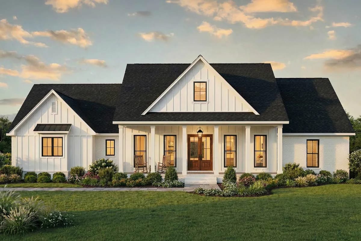 Modern farmhouse with white board-and-batten siding, front porch, and gable roof at sunset.