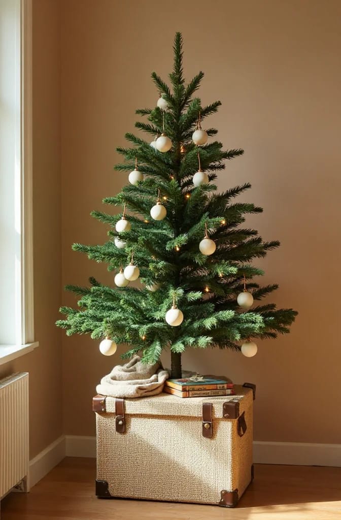 Small Apartment Christmas Tree Ideas for a Slim or Tabletop Tree That Doesn't Look Like a Compromise 6 A slim tabletop Christmas tree decorated with white ornaments and lights, displayed on top of a textured storage trunk with books and a folded cloth, ideal for small apartment holiday decor ideas.