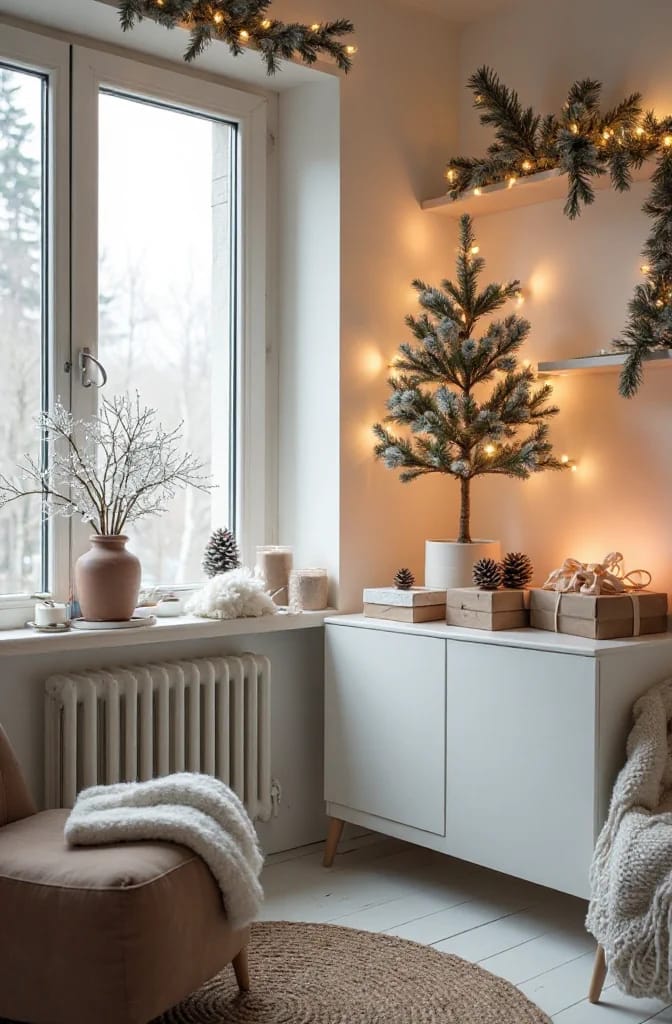 Small Apartment Christmas Tree Ideas for a Slim or Tabletop Tree That Doesn't Look Like a Compromise 7 A slim tabletop Christmas tree decorated with lights stands on a white storage cabinet in a cozy small apartment living room, surrounded by wrapped gifts, pinecones, and festive garlands, illustrating space-saving holiday decor ideas.