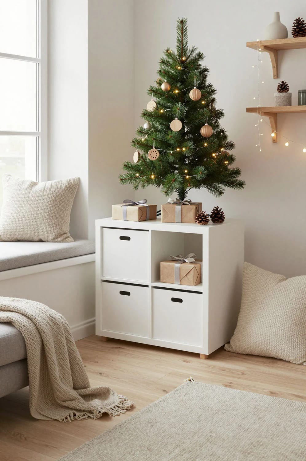 Small Apartment Christmas Tree Ideas for a Slim or Tabletop Tree That Doesn't Look Like a Compromise 8 A slim tabletop Christmas tree decorated with wooden ornaments and lights, placed on top of a white storage cabinet in a small apartment living space, with wrapped gifts and pinecones underneath, illustrating small apartment Christmas tree ideas.