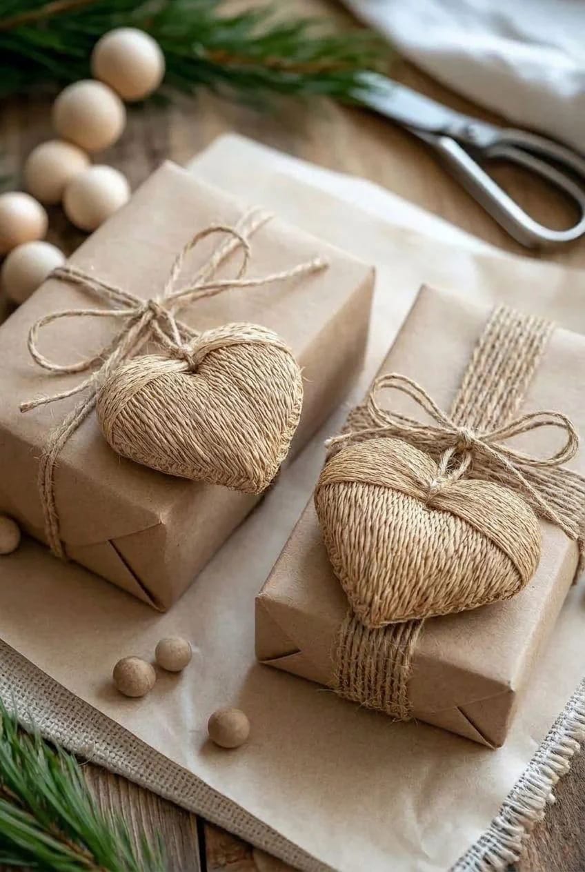 Scandinavian Christmas Decor With Pale Wood and Straw Ornaments That Reads Nordic, Not Rustic 23 Two gifts wrapped in kraft paper for Scandinavian Christmas decor, each tied with twine and adorned with straw heart ornaments, surrounded by pale wood beads, greenery, and a pair of scissors on a rustic wooden surface.