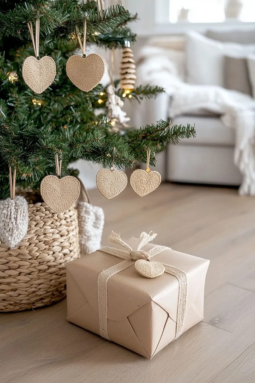 Scandinavian Christmas Decor With Pale Wood and Straw Ornaments That Reads Nordic, Not Rustic 24 A Christmas tree decorated with pale wood and straw heart ornaments, with a kraft paper-wrapped gift tied with twine and a matching straw heart, showcasing Scandinavian Christmas decor in a bright, minimal living room.