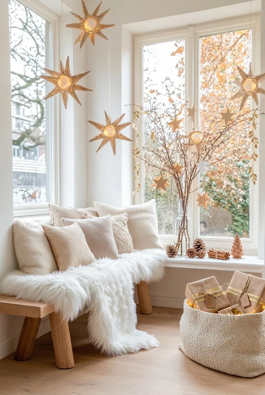 Scandinavian Christmas Decor With Pale Wood and Straw Ornaments That Reads Nordic, Not Rustic 3 straw stars belong in the window, not buried on the tree 1