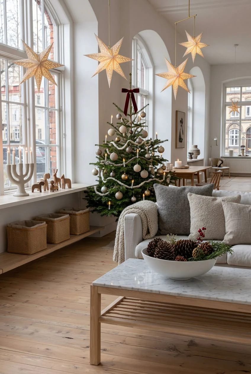 Scandinavian Christmas Decor With Pale Wood and Straw Ornaments That Reads Nordic, Not Rustic 4 straw stars belong in the window, not buried on the tree 1