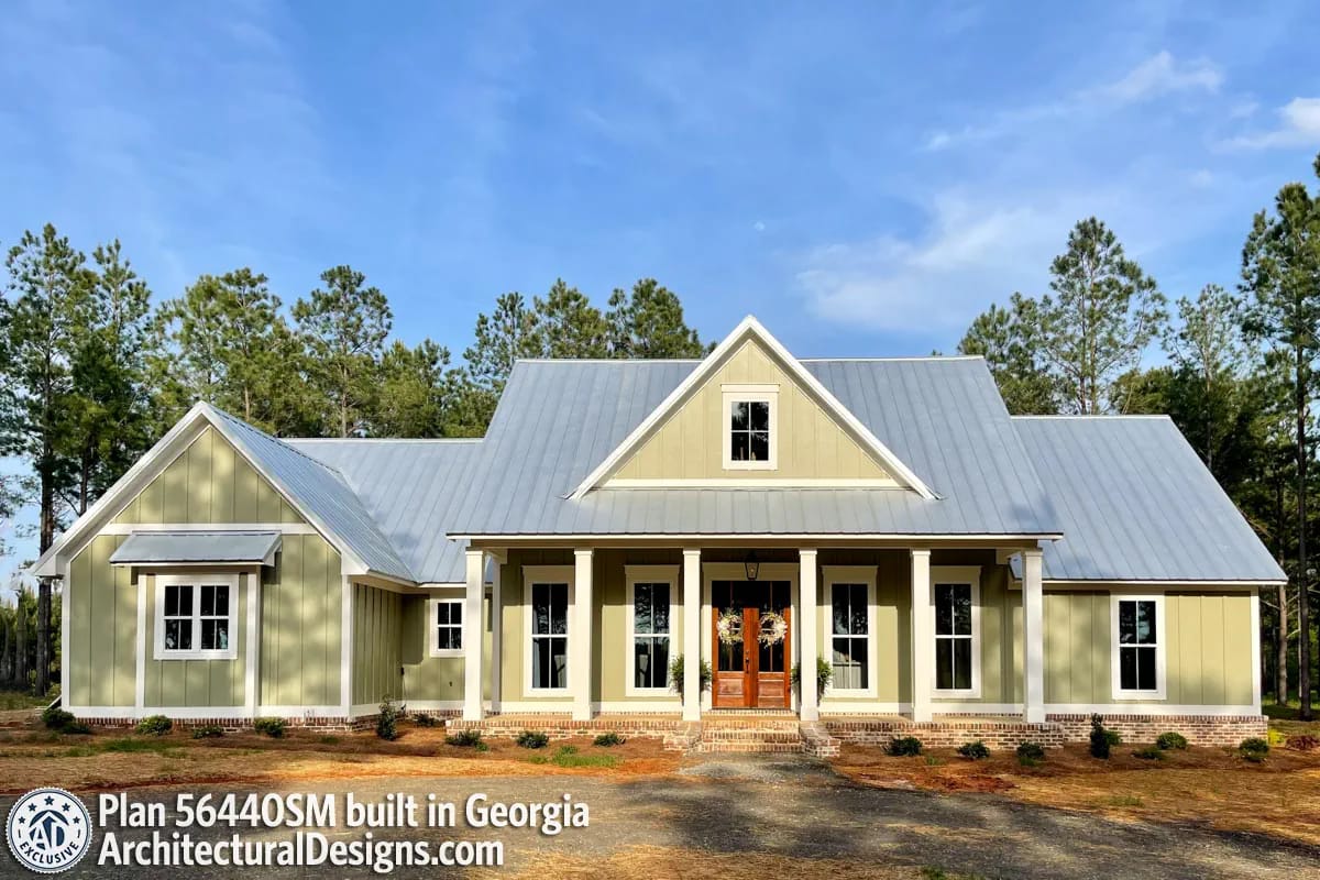 4-Bedroom Modern Farmhouse House Plan with Split Bedrooms and a 14-Foot Rear Grilling Porch (2,166 Sq. Ft. Floor Plan) 12 stucco in texas, sage green in georgia, navy lap in missouri 1