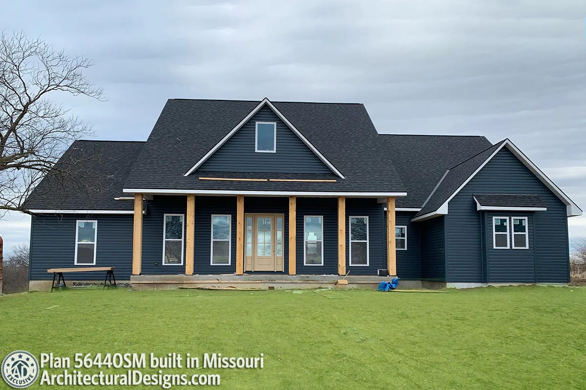 4-Bedroom Modern Farmhouse House Plan with Split Bedrooms and a 14-Foot Rear Grilling Porch (2,166 Sq. Ft. Floor Plan) 13 stucco in texas, sage green in georgia, navy lap in missouri 1