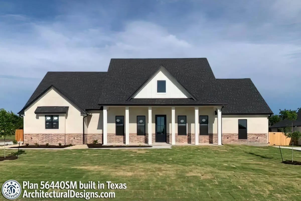 4-Bedroom Modern Farmhouse House Plan with Split Bedrooms and a 14-Foot Rear Grilling Porch (2,166 Sq. Ft. Floor Plan) 11 stucco in texas, sage green in georgia, navy lap in missouri 1