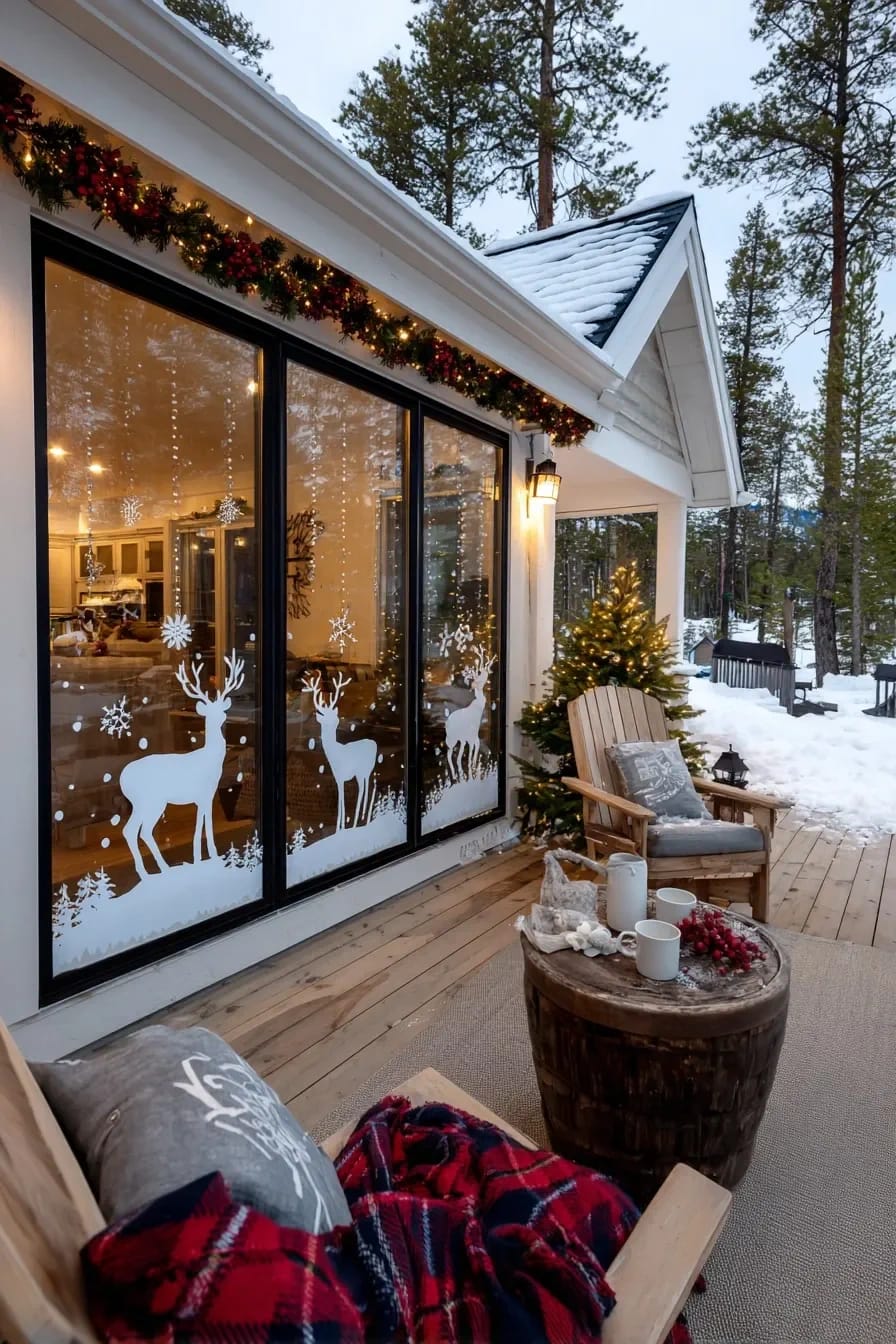 DIY Christmas Window Decorations With Faux Snow and Stencils That Don't Read as Storefront 7 Large glass windows decorated with DIY Christmas window decorations using faux snow and stencils, featuring white reindeer and snowflakes, with clear glass areas creating a festive scene, viewed from a cozy snow-covered porch with holiday decor.