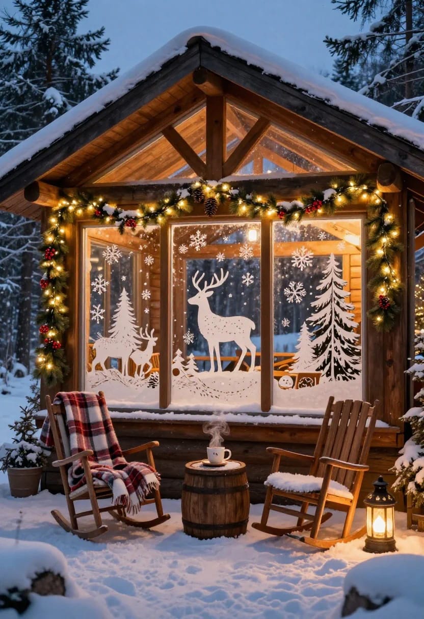 DIY Christmas Window Decorations With Faux Snow and Stencils That Don't Read as Storefront 8 Cozy cabin with large windows decorated using DIY Christmas window decorations featuring faux snow and stencils of reindeer, trees, and snowflakes, surrounded by garland and lights, with snow-covered chairs and a small table outside.
