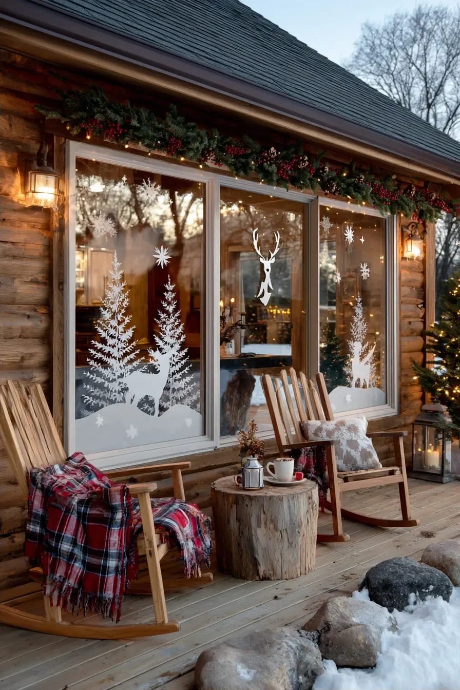 DIY Christmas Window Decorations With Faux Snow and Stencils That Don't Read as Storefront 9 Cozy cabin porch featuring large windows decorated with DIY Christmas window decorations using faux snow and stencils, showcasing reindeer, trees, and snowflakes with clear glass areas for a festive yet homey look.