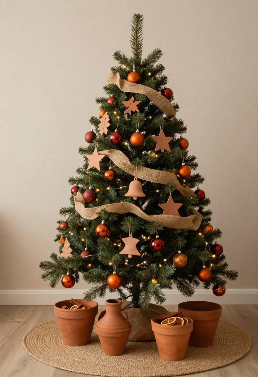 9 Monochrome Christmas Tree Themes for a Single-Color Tree That Still Looks Finished 28 A Christmas tree decorated in a terracotta monochrome theme, featuring clay-colored ornaments, stars, bells, and simple ribbon garland, with terracotta pots and a clay jug arranged at the base, illustrating a single-color tree concept.