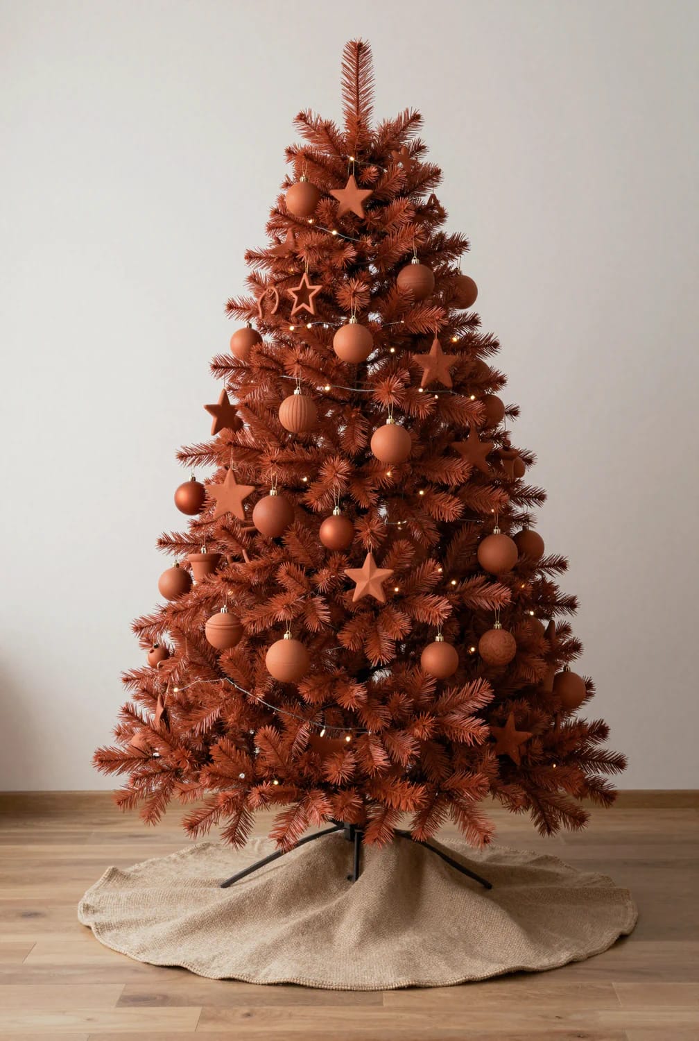 9 Monochrome Christmas Tree Themes for a Single-Color Tree That Still Looks Finished 29 A Christmas tree decorated entirely in terracotta and clay-colored ornaments and garland, featuring matching baubles and star shapes, illustrating a single-color monochrome Christmas tree theme for the article on budget-friendly holiday decor.