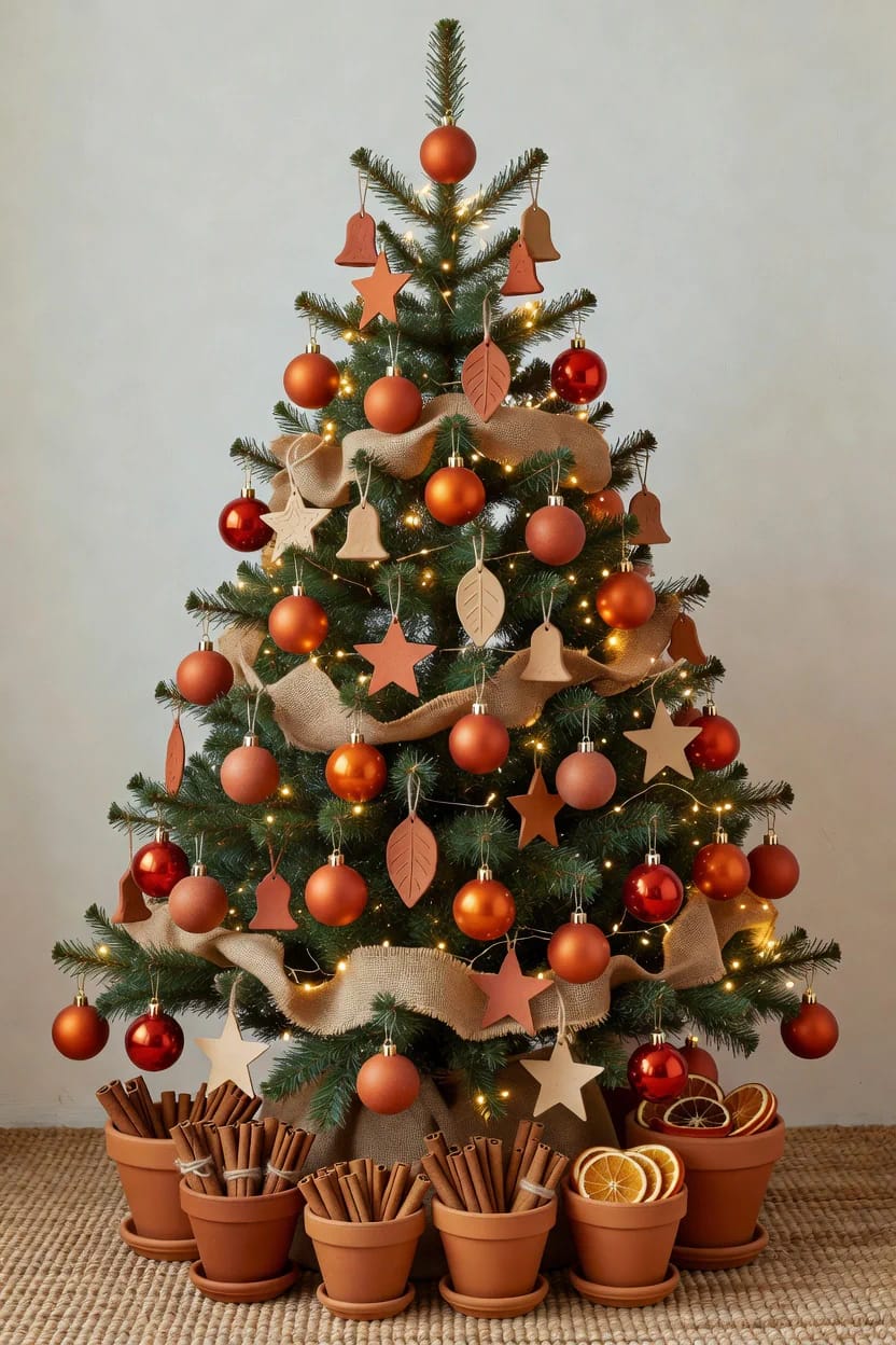 9 Monochrome Christmas Tree Themes for a Single-Color Tree That Still Looks Finished 30 A Christmas tree decorated in a terracotta and clay monochrome theme with orange and clay-colored ornaments, burlap garland, and terracotta pots filled with cinnamon sticks and dried orange slices, showcasing a single-color Christmas tree idea.