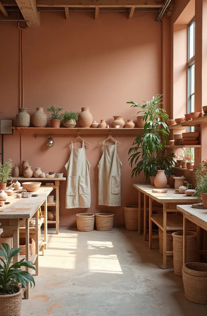 Pottery Studio Ideas That Hold Up Once There's Clay in the Room 9 terracotta walls work in a pottery studio, but only in washable paint 1