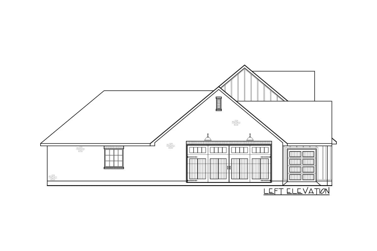 4-Bedroom Modern Farmhouse House Plan with Split Bedrooms and a 14-Foot Rear Grilling Porch (2,166 Sq. Ft. Floor Plan) 15 the 2-car garage loads from the side and has its own storage room 1