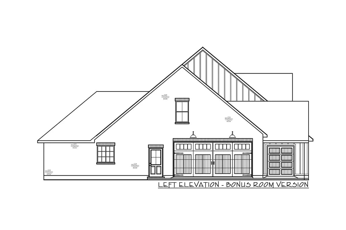 4-Bedroom Modern Farmhouse House Plan with Split Bedrooms and a 14-Foot Rear Grilling Porch (2,166 Sq. Ft. Floor Plan) 16 the bonus room over the garage adds 439 square feet and raises the ridge 1