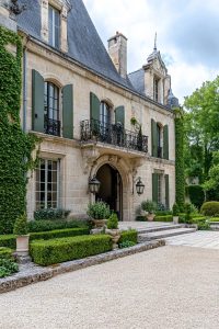 French Chateau Ideas That Read Authentic, Not Themed 19 Stone French chateau exterior featuring grey-green shutters, wrought iron balconies, manicured gardens, and ivy climbing the walls, illustrating authentic French chateau ideas with a palette of grey-green and stone, not cream and gold.