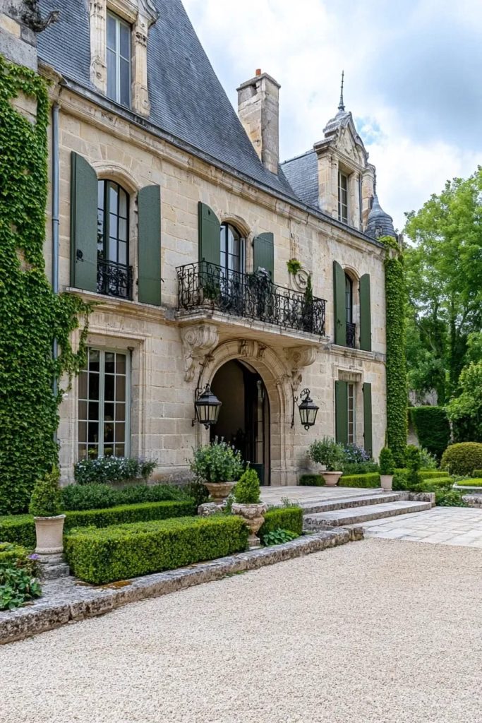 Lovely Harbor 44 Stone French chateau exterior featuring grey-green shutters, wrought iron balconies, manicured gardens, and ivy climbing the walls, illustrating authentic French chateau ideas with a palette of grey-green and stone, not cream and gold.