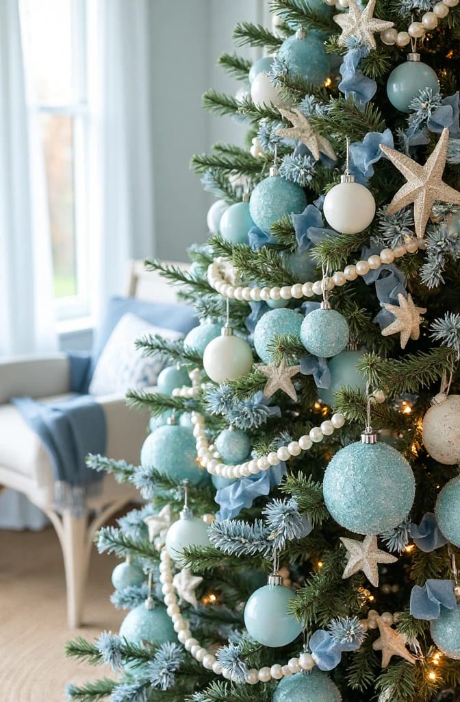 13 Coastal Blue Christmas Decorations That Skip the Anchors and Life Rings 12 the coastal blue christmas tree 1