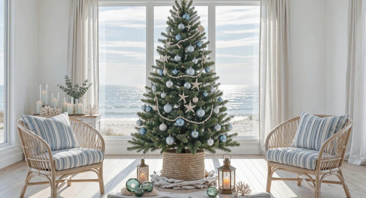 13 Coastal Blue Christmas Decorations That Skip the Anchors and Life Rings 14 the coastal blue christmas tree 1