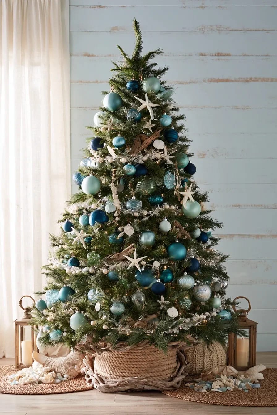 13 Coastal Blue Christmas Decorations That Skip the Anchors and Life Rings 15 the coastal blue christmas tree 1