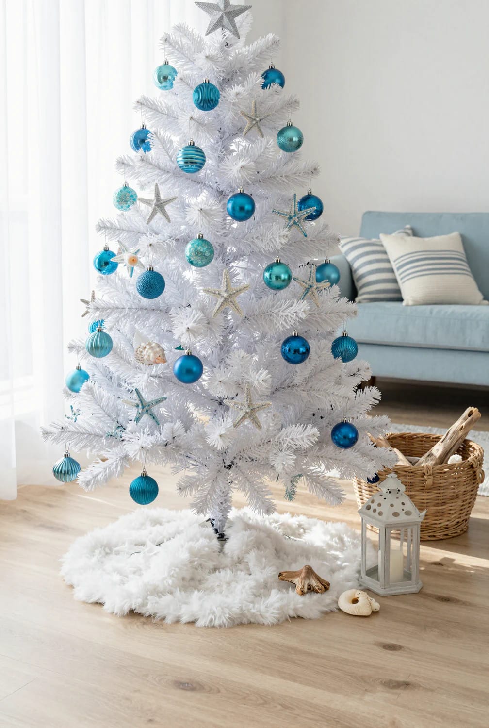 13 Coastal Blue Christmas Decorations That Skip the Anchors and Life Rings 10 the coastal blue christmas tree 1