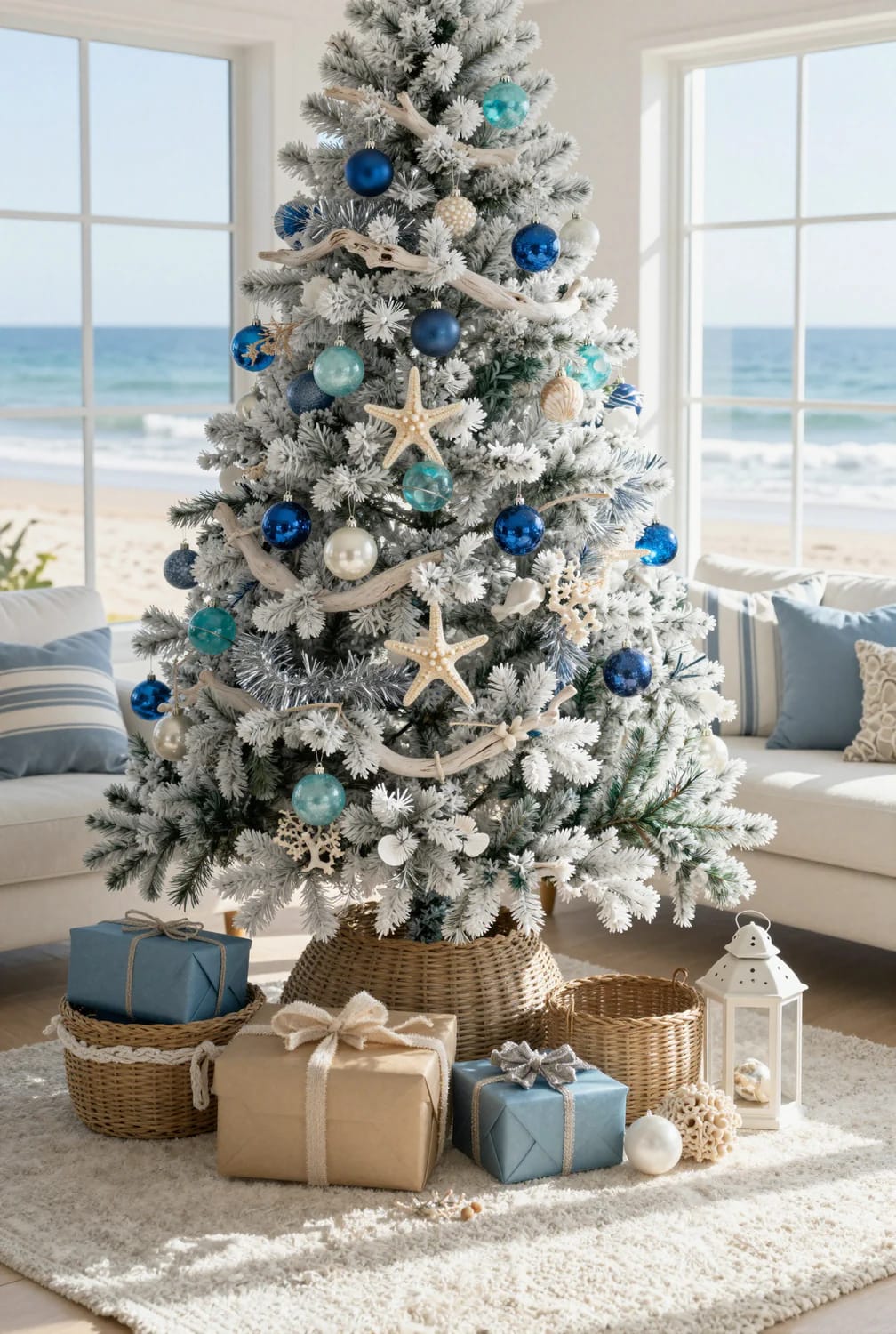 13 Coastal Blue Christmas Decorations That Skip the Anchors and Life Rings 11 the coastal blue christmas tree 1