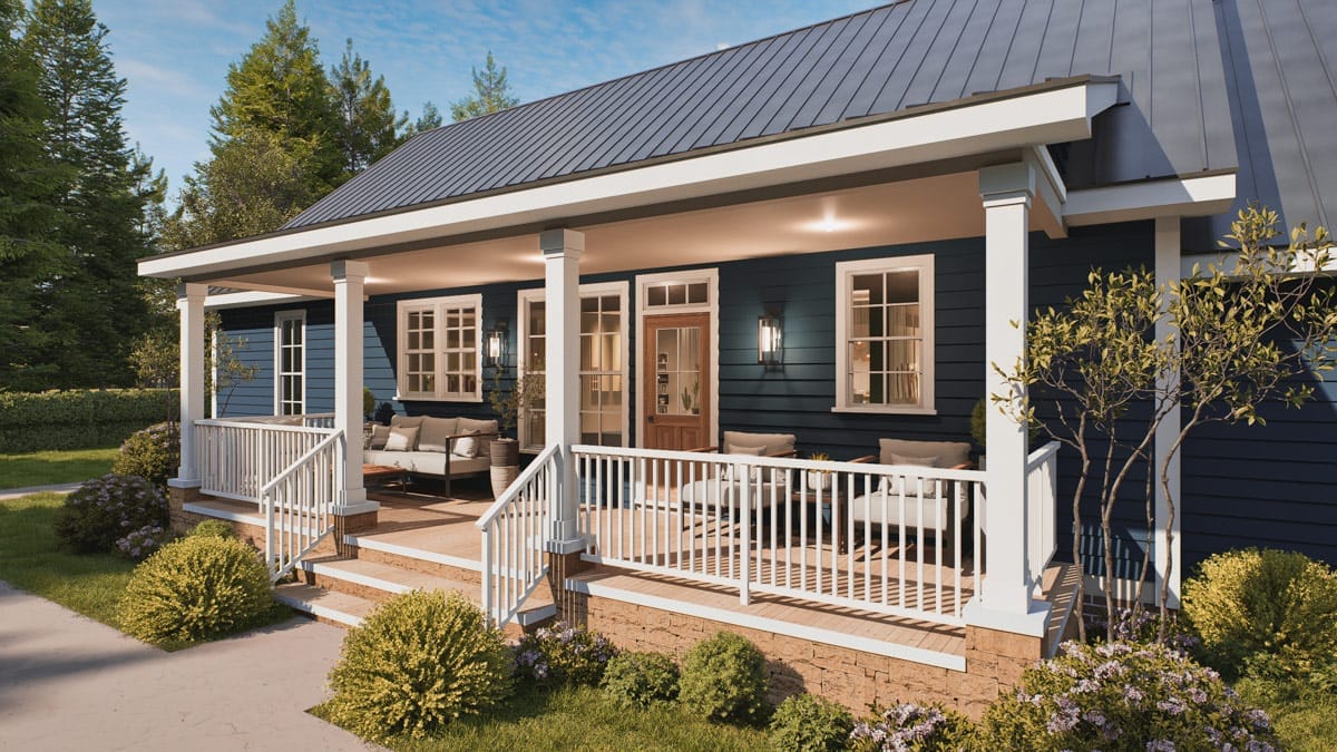 the covered rear porch is the better porch, by about three feet 1