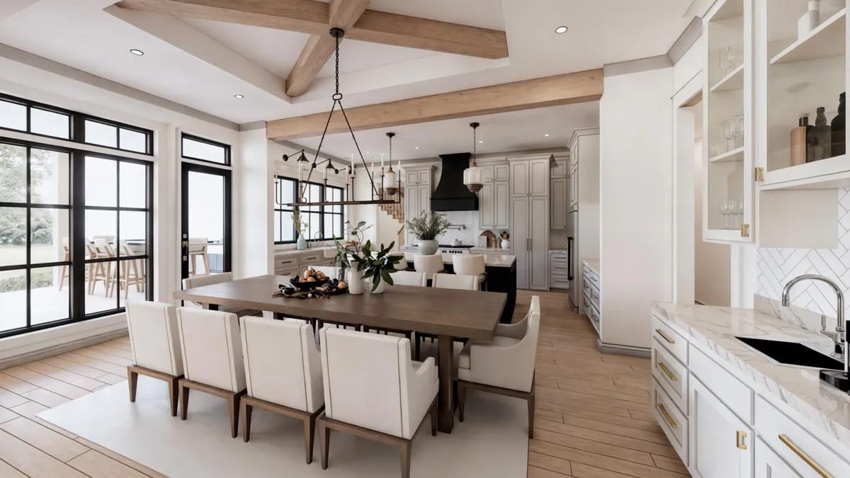 4-Bedroom Modern Farmhouse House Plan with an Outdoor Kitchen and Fireplace on a 44-Foot Porch (3,877 Sq. Ft. Floor Plan) 13 the dining room takes the wet bar and a beamed tray ceiling 1