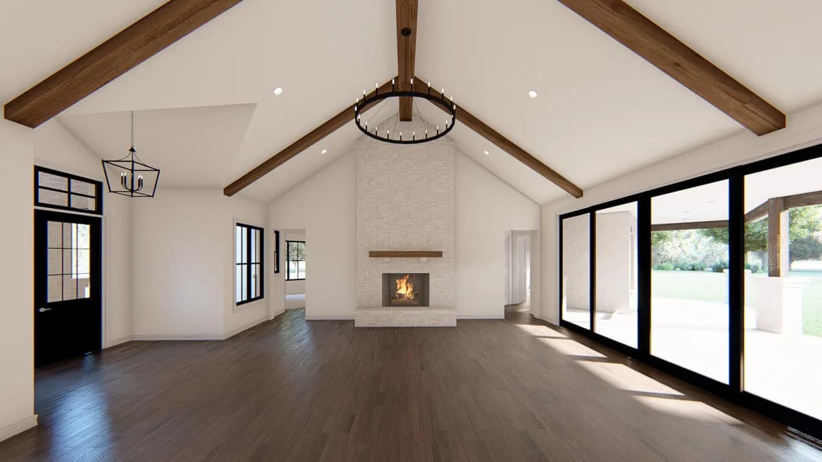 the family room runs 21 by 24 feet under a cathedral ceiling and stained beams 1
