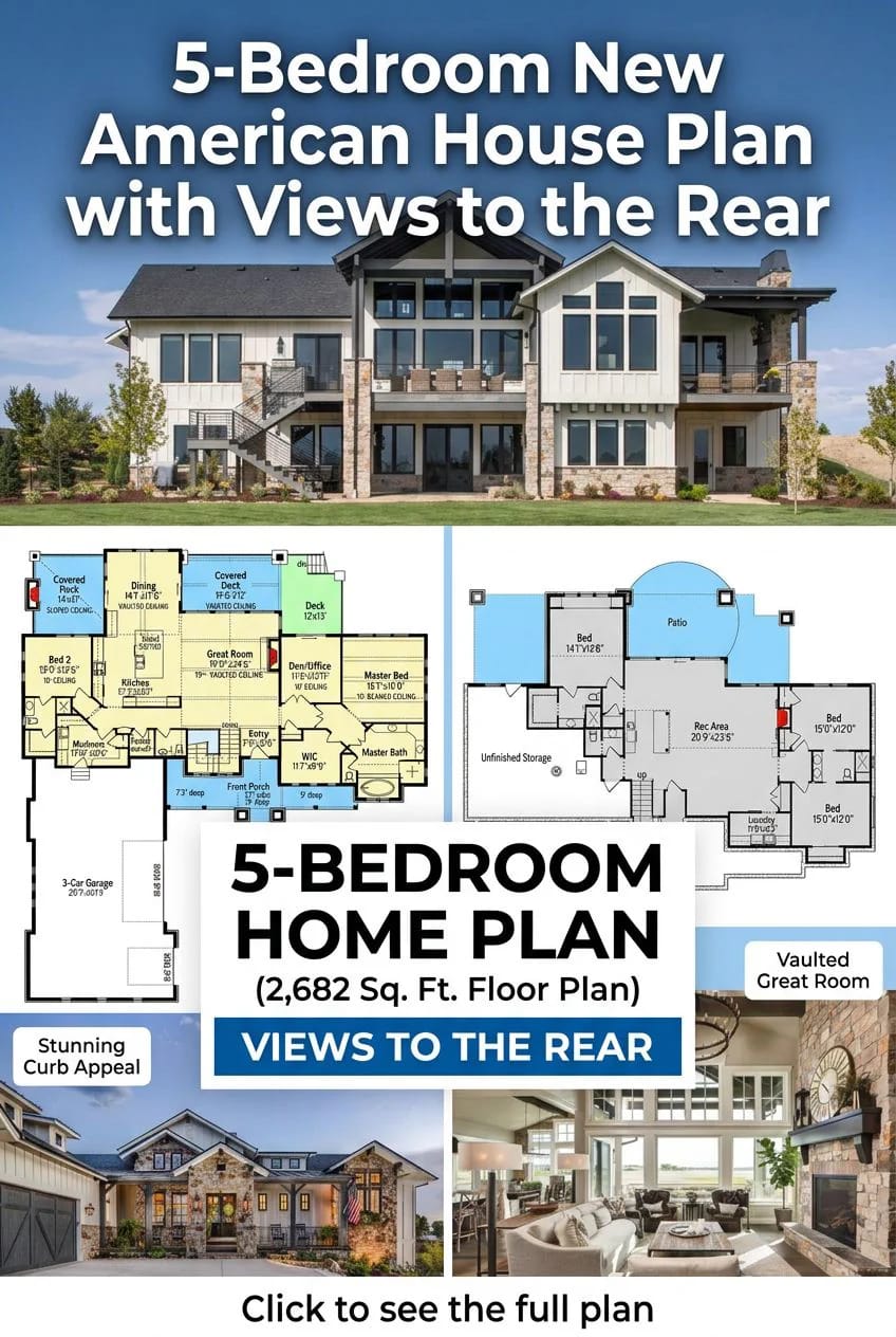 5-Bedroom New American House Plan with Views to the Rear (2,682 Sq. Ft. Floor Plan) 4 the floor plan, read back to front 1