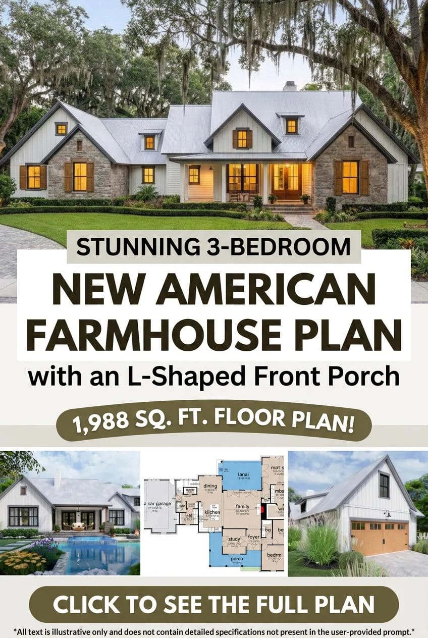 3-Bedroom New American Farmhouse House Plan with an L-Shaped Front Porch (1,988 Sq. Ft. Floor Plan) 10 the floor plan spends its width on frontage, not on rooms 1
