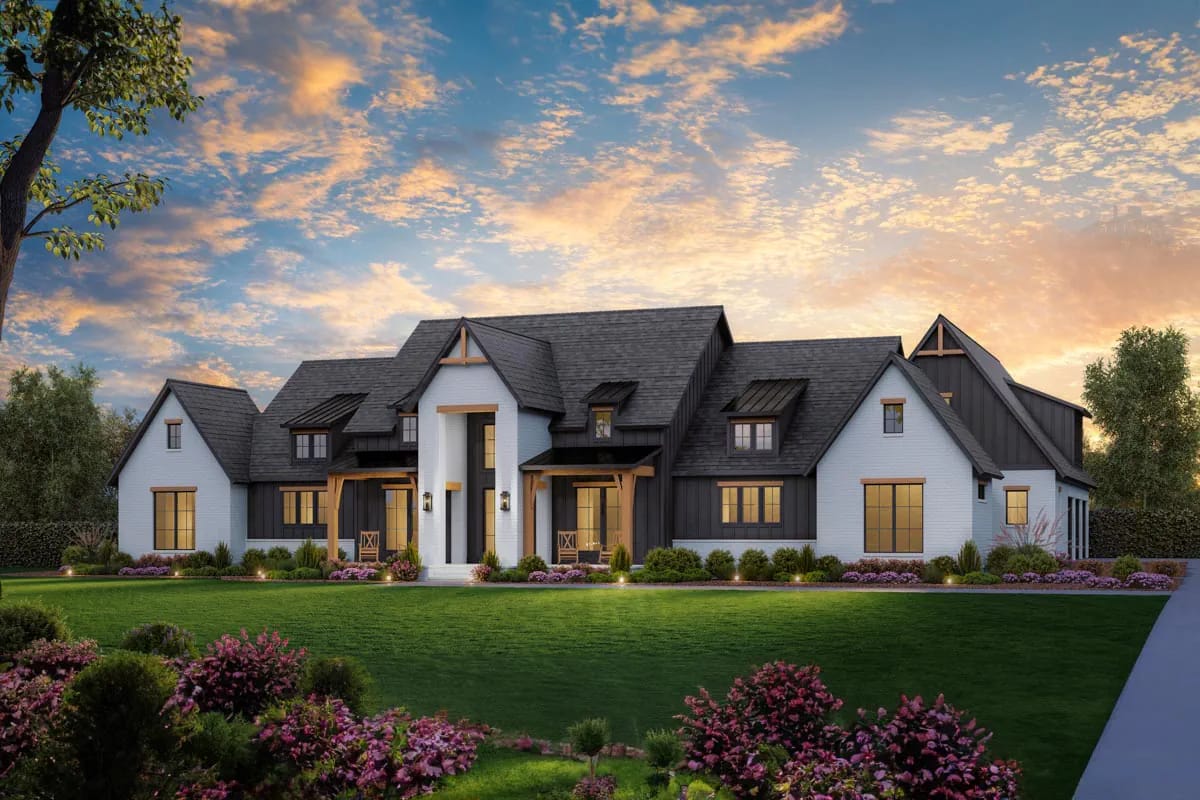 4-Bedroom Modern Farmhouse House Plan with an Outdoor Kitchen and Fireplace on a 44-Foot Porch (3,877 Sq. Ft. Floor Plan) 6 the front elevation does not show the garage 1