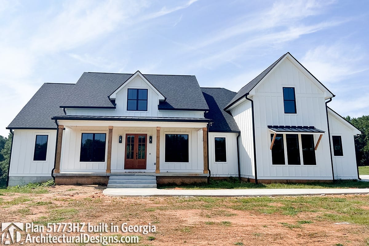 4-Bedroom Modern Farmhouse House Plan with a Bonus Room Over the Garage (2,742 Sq. Ft. Floor Plan) 13 the front porch runs close to 30 feet and is only 8 feet deep 1