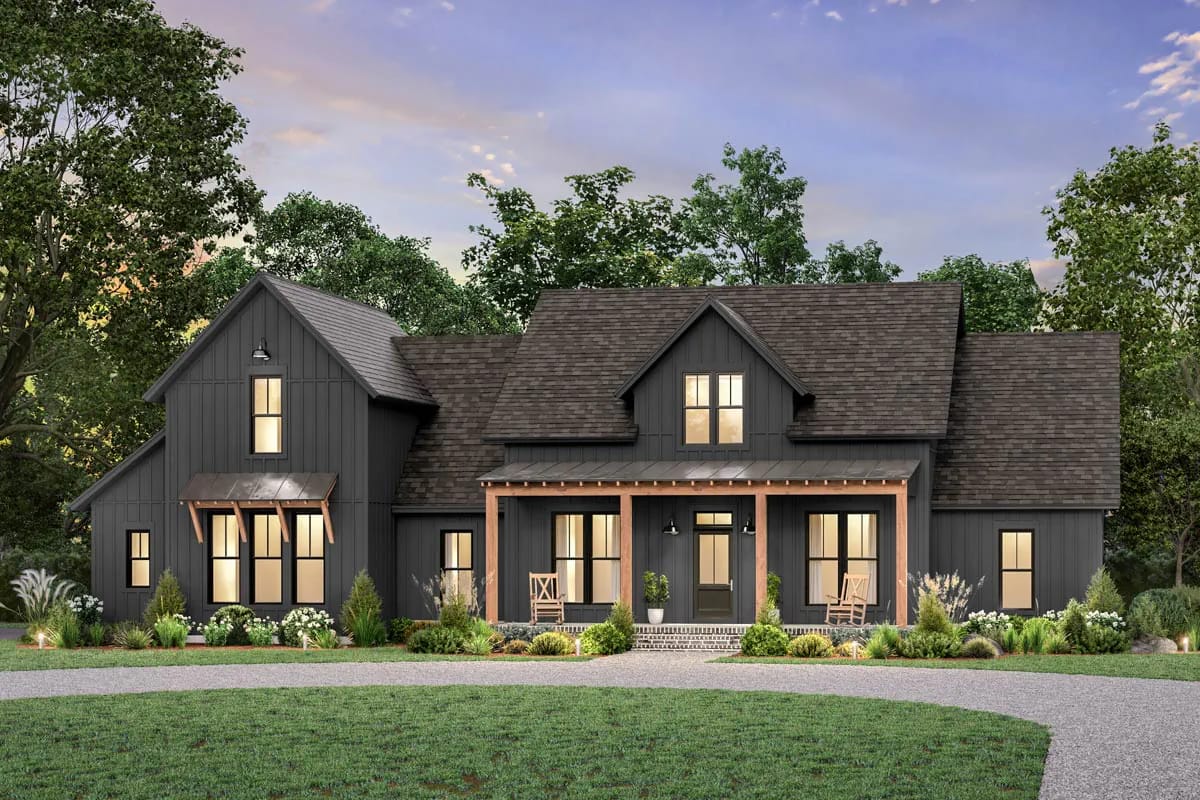 4-Bedroom Modern Farmhouse House Plan with a Bonus Room Over the Garage (2,742 Sq. Ft. Floor Plan) 14 the front porch runs close to 30 feet and is only 8 feet deep 1